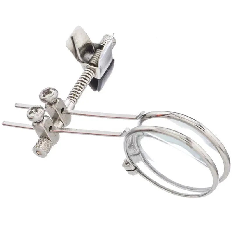 Reading glass mirror double clip accessory with metal bracket and glass lenses for hands-free magnification