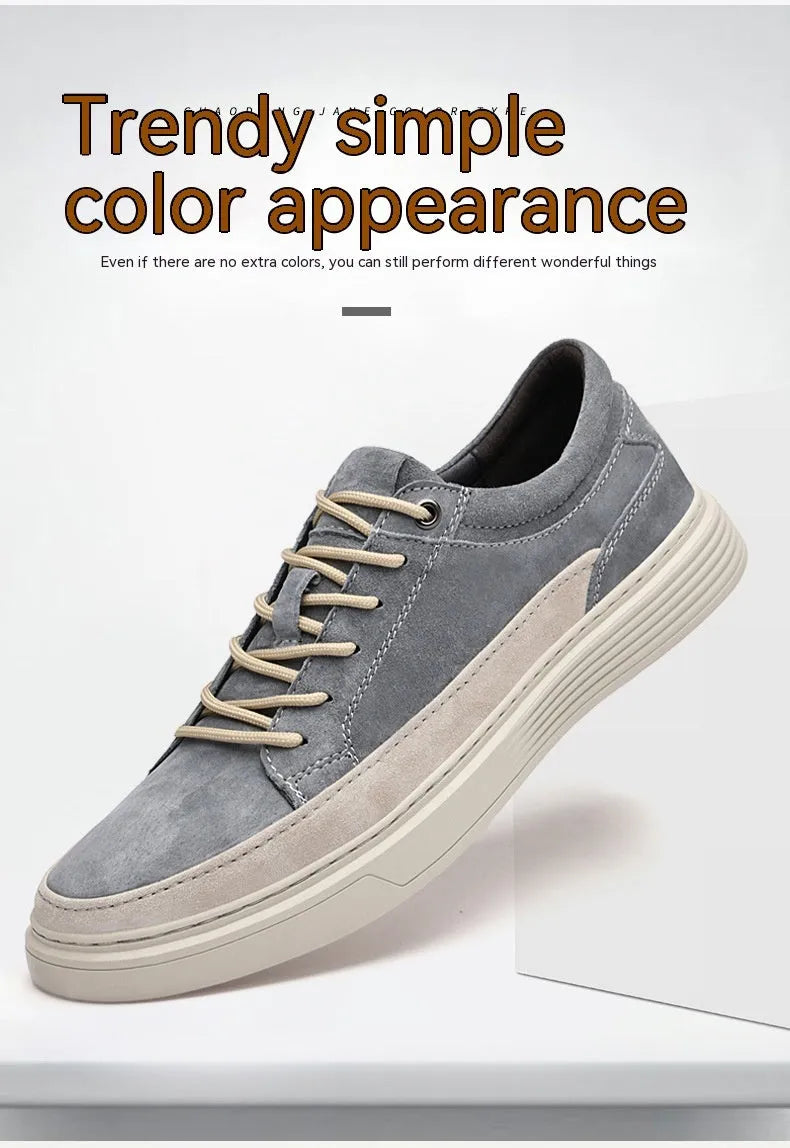 Men's grey and sand coloured casual leather skate shoes with pigskin upper and rubber sole