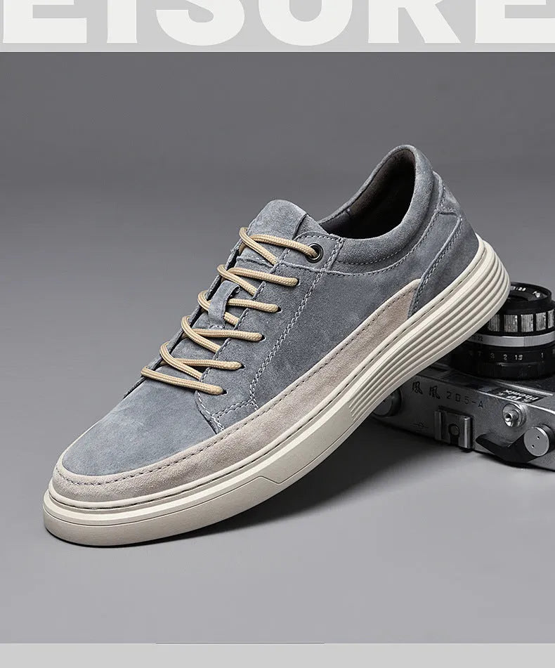 Men's grey and sand coloured casual leather skate shoes with pigskin upper and rubber sole