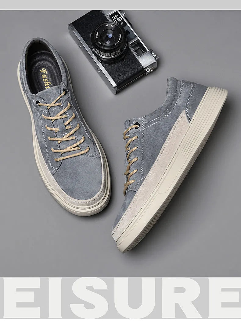 Men's grey and sand coloured casual leather skate shoes with pigskin upper and rubber sole