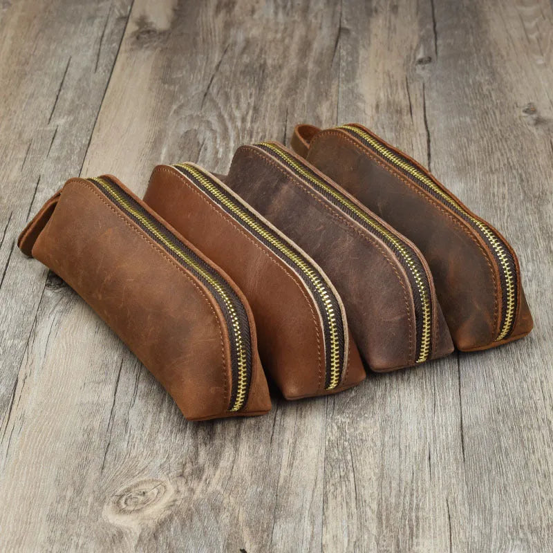 Handmade genuine cowhide leather pencil case in square design with zipper, showing brown colour option