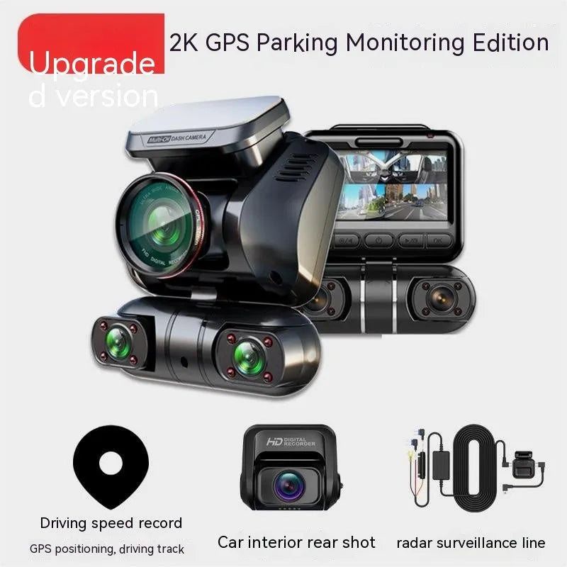 Panoramic car dash cam with multiple lenses and 2-inch screen for parking surveillance