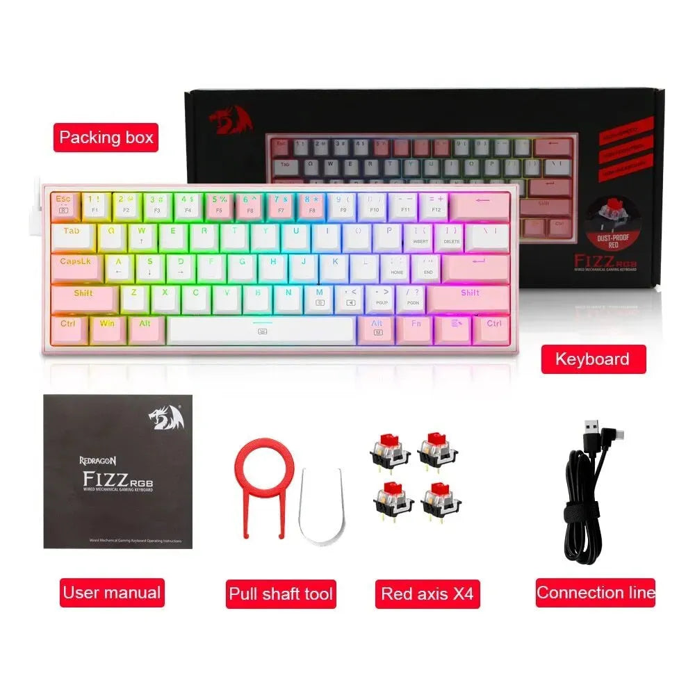 White pink RGB backlit mechanical keyboard with multimedia keys and dual keycaps.