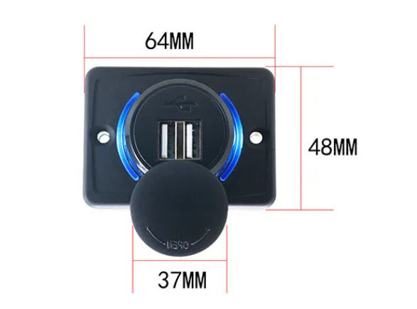 Black 12V dual USB car charger for recreational vehicle dashboard installation