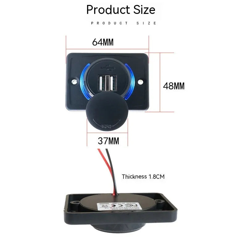 Black 12V dual USB car charger for recreational vehicle dashboard installation