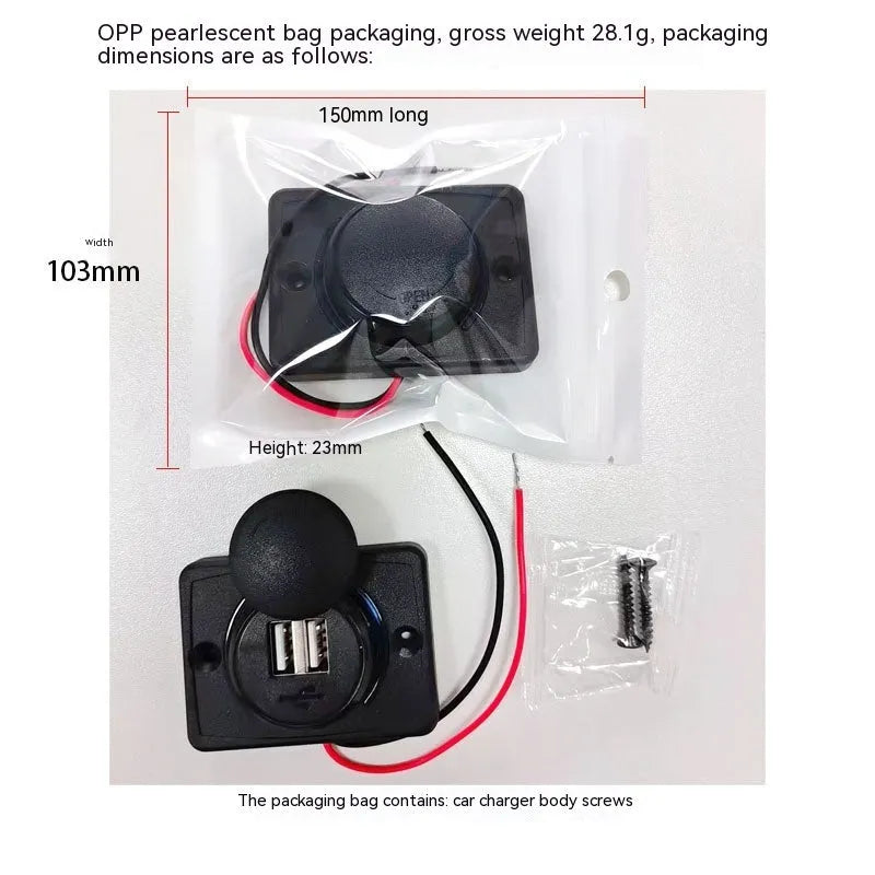 Black 12V dual USB car charger for recreational vehicle dashboard installation