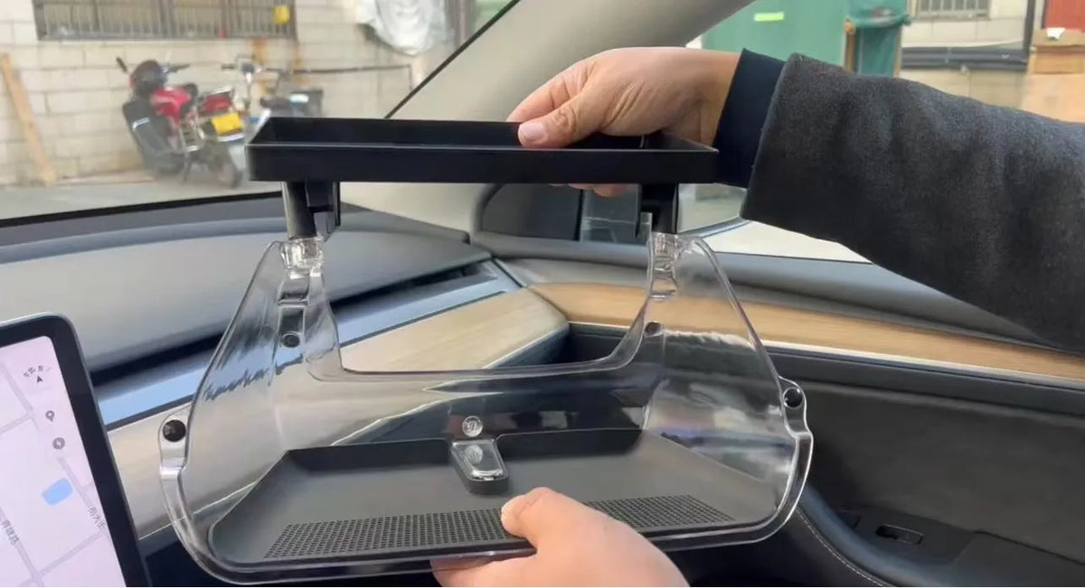 Black ABS plastic Tesla Model 3 Y centre console organiser box for ETC cards, shown with matching napkin box.
