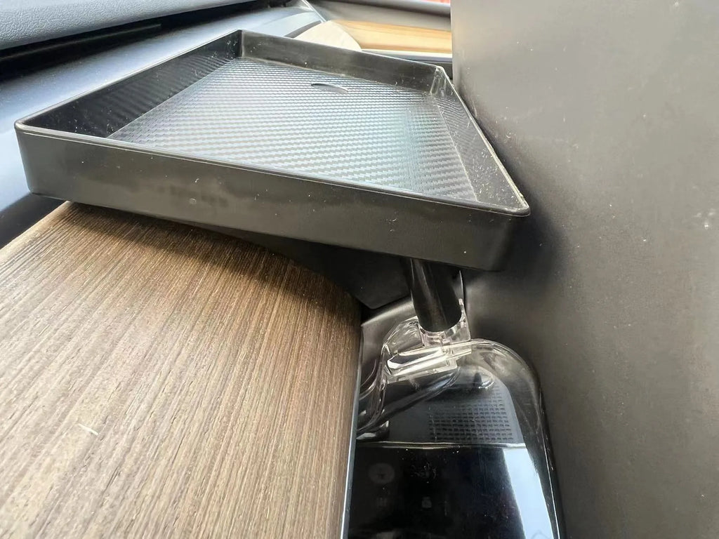 Black ABS plastic Tesla Model 3 Y centre console organiser box for ETC cards, shown with matching napkin box.