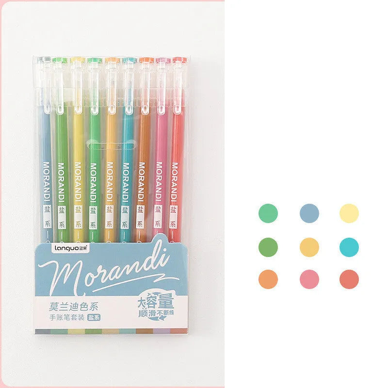 Set of nine retro-style solid-colour gel pens with 0.5mm needle tips for student notes.