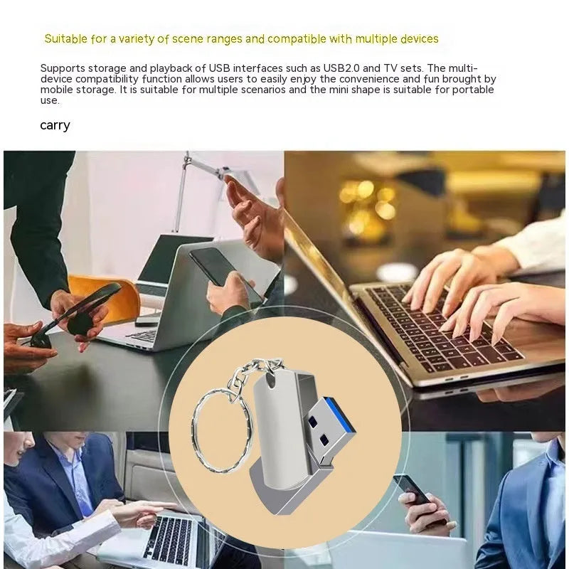 Small white metal rotating USB flash drive showing 34mm diameter size