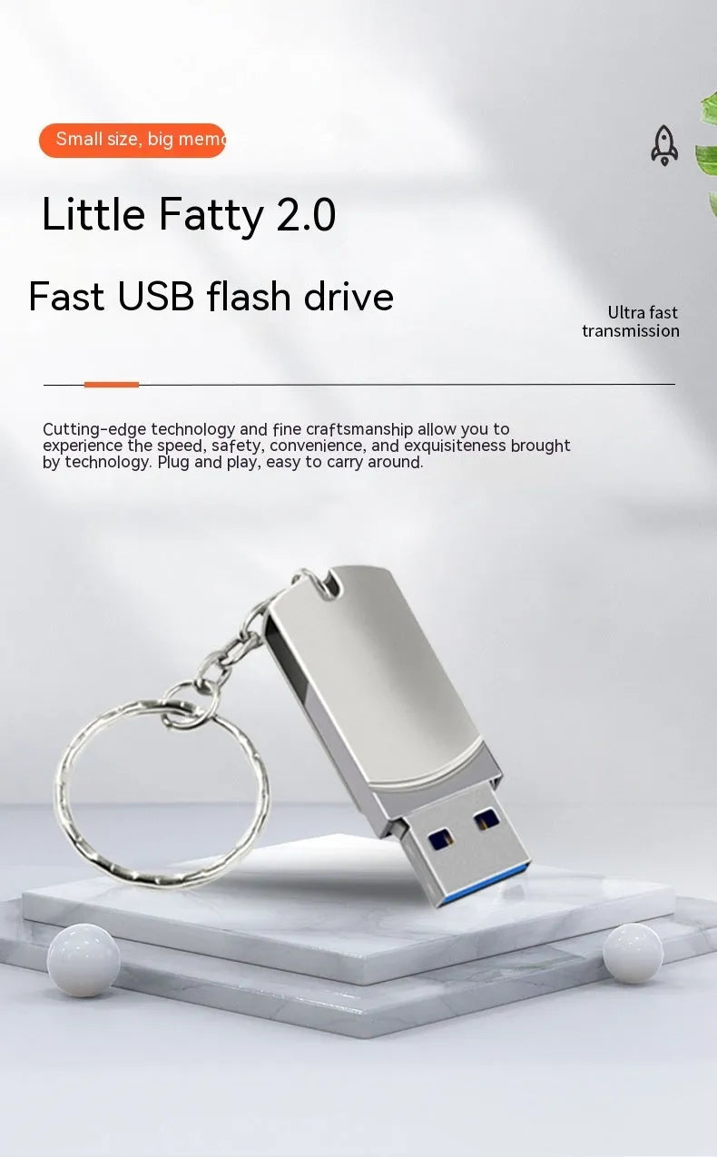 Small white metal rotating USB flash drive showing 34mm diameter size