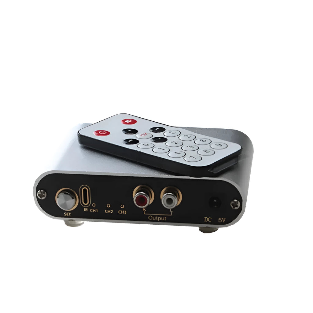 Silver aluminium HIFI audio source switch selector with remote control for 3 in 1 out routing.