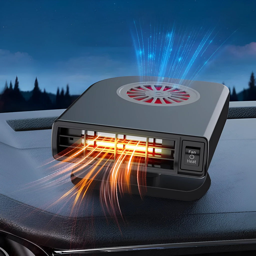 Black vehicle-mounted heater on car dashboard with adjustable vents for defrosting and defogging.