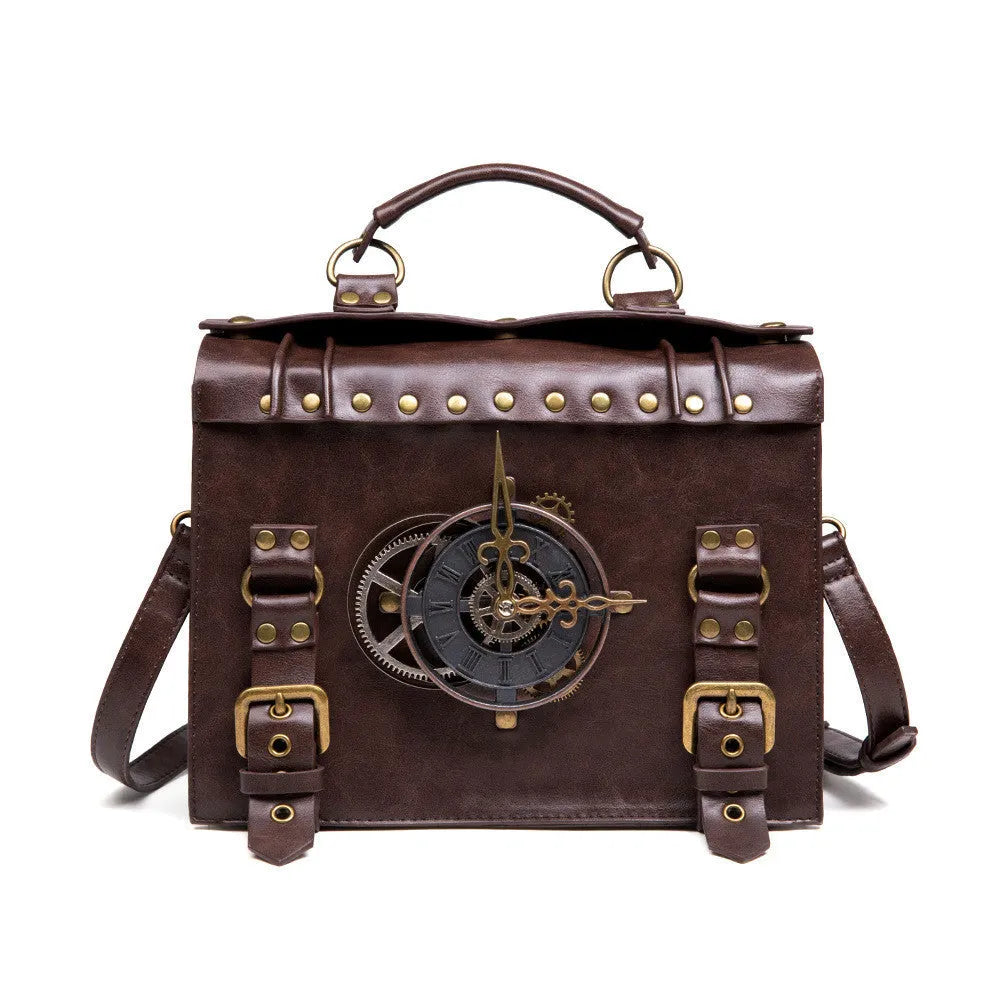Bronze steampunk industrial retro shoulder bag with metal accents and pillow bag shape