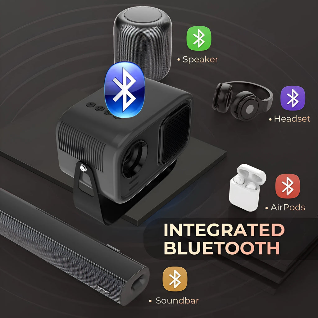 Black HD smart portable projector with remote control for home office use