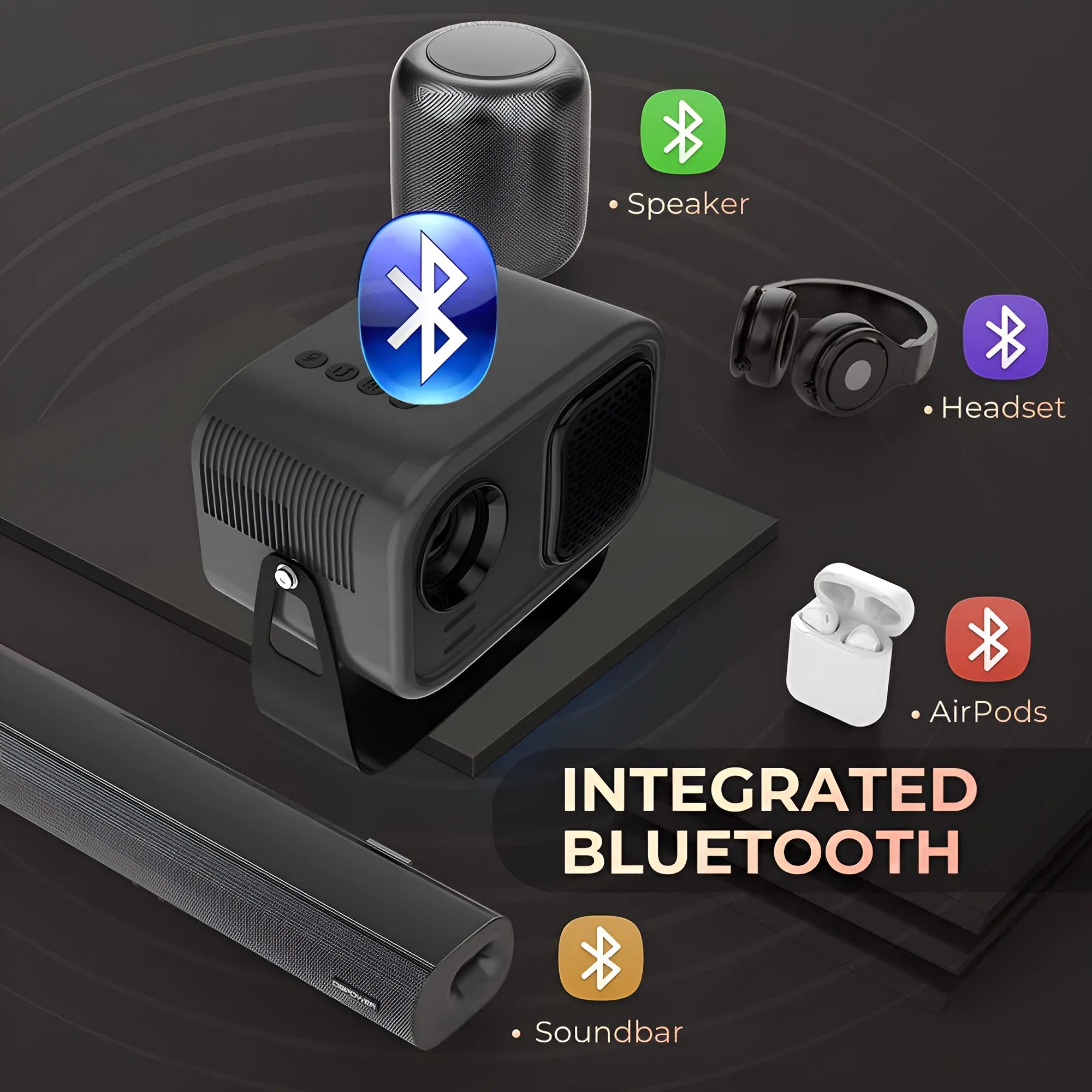 Black HD smart portable projector with remote control for home office use