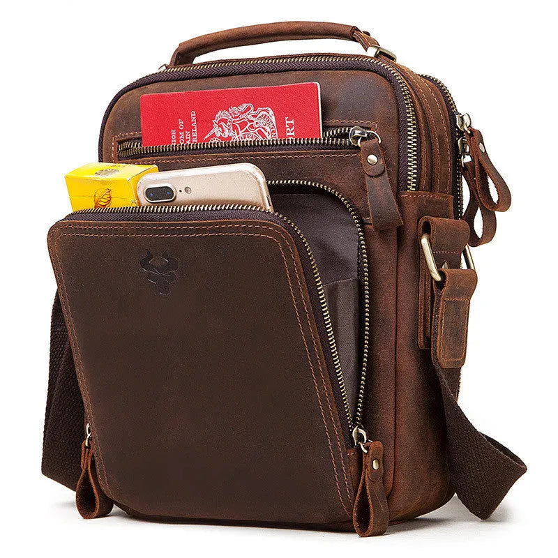 Men's brown Crazy Horse leather crossbody bag with single shoulder strap and sewing line detailing