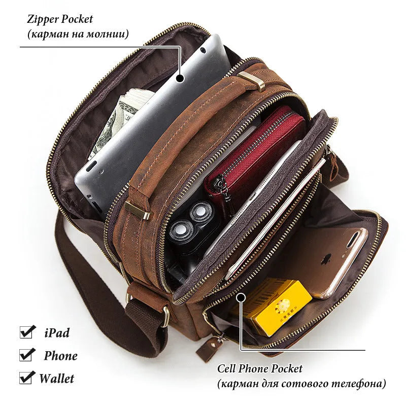 Men's brown Crazy Horse leather crossbody bag with single shoulder strap and sewing line detailing