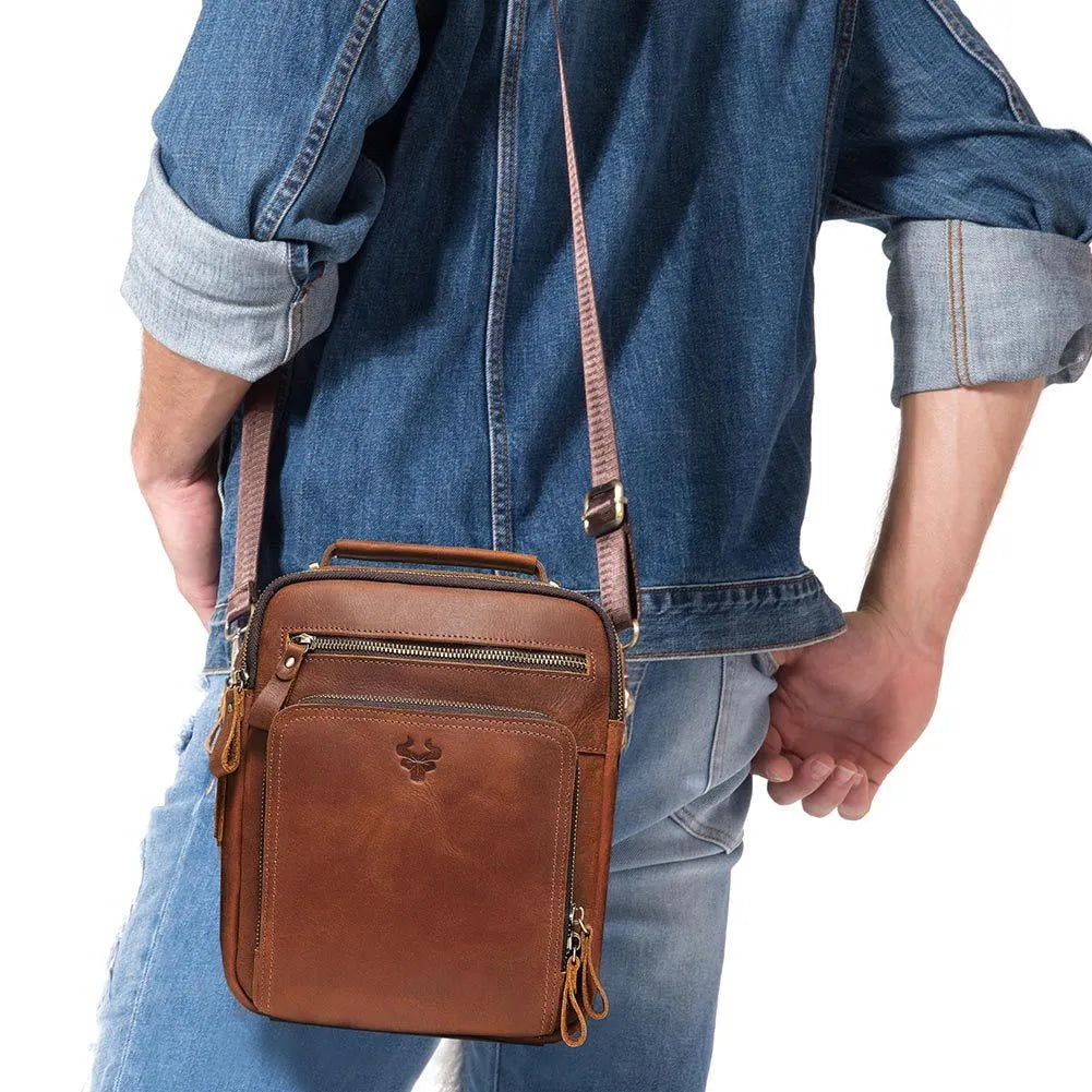 Men's brown Crazy Horse leather crossbody bag with single shoulder strap and sewing line detailing