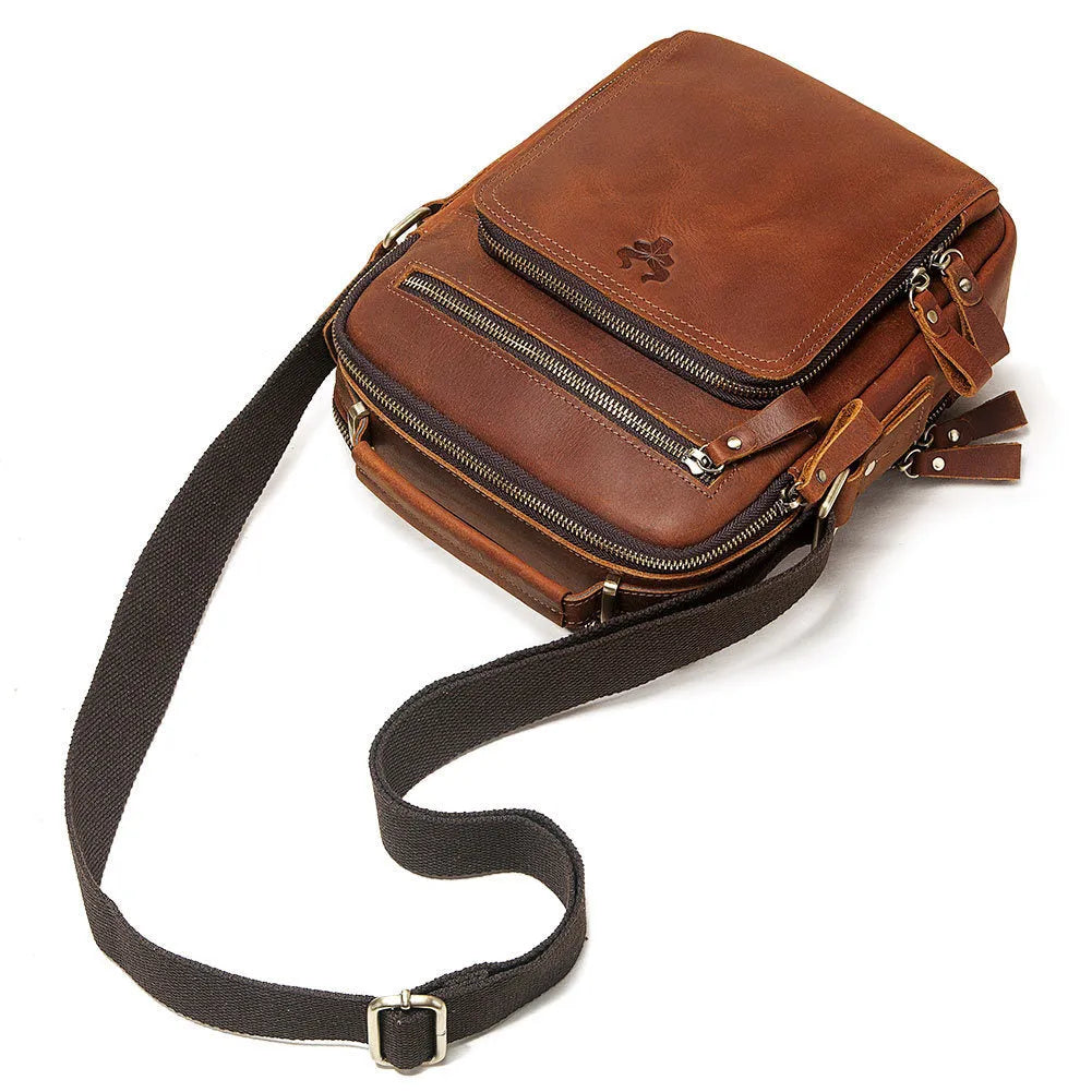 Men's brown Crazy Horse leather crossbody bag with single shoulder strap and sewing line detailing