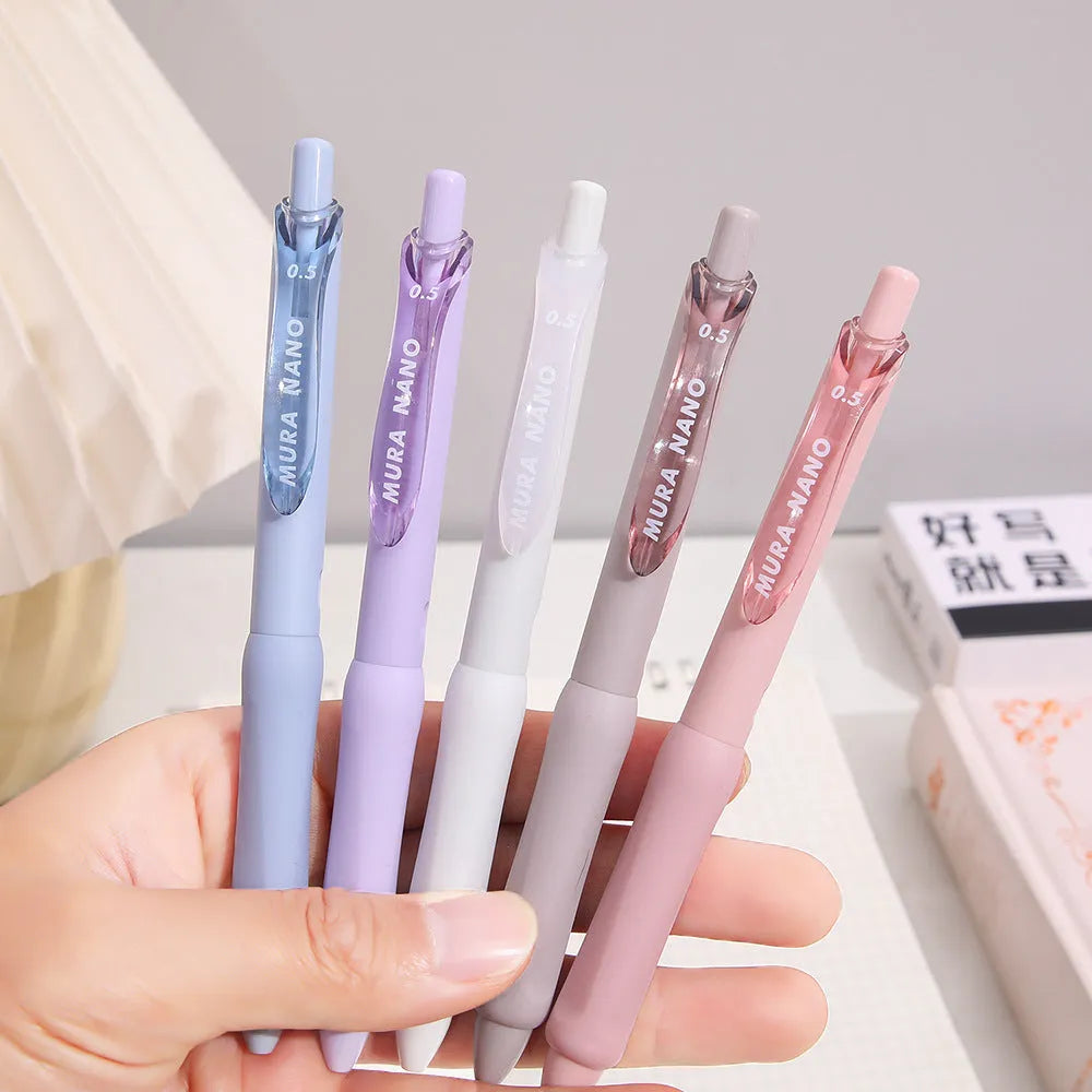 Macaron colour press gel pen with 0.5mm tip showing smoked brown, powder, and white ink options