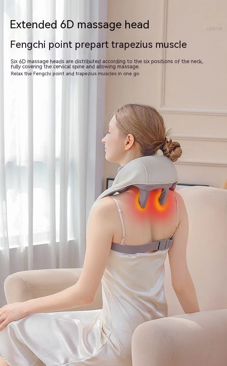 Creamy white rechargeable shoulder and neck massager with infrared physiotherapy function and USB charging cable