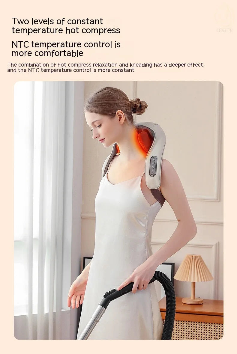 Creamy white rechargeable shoulder and neck massager with infrared physiotherapy function and USB charging cable