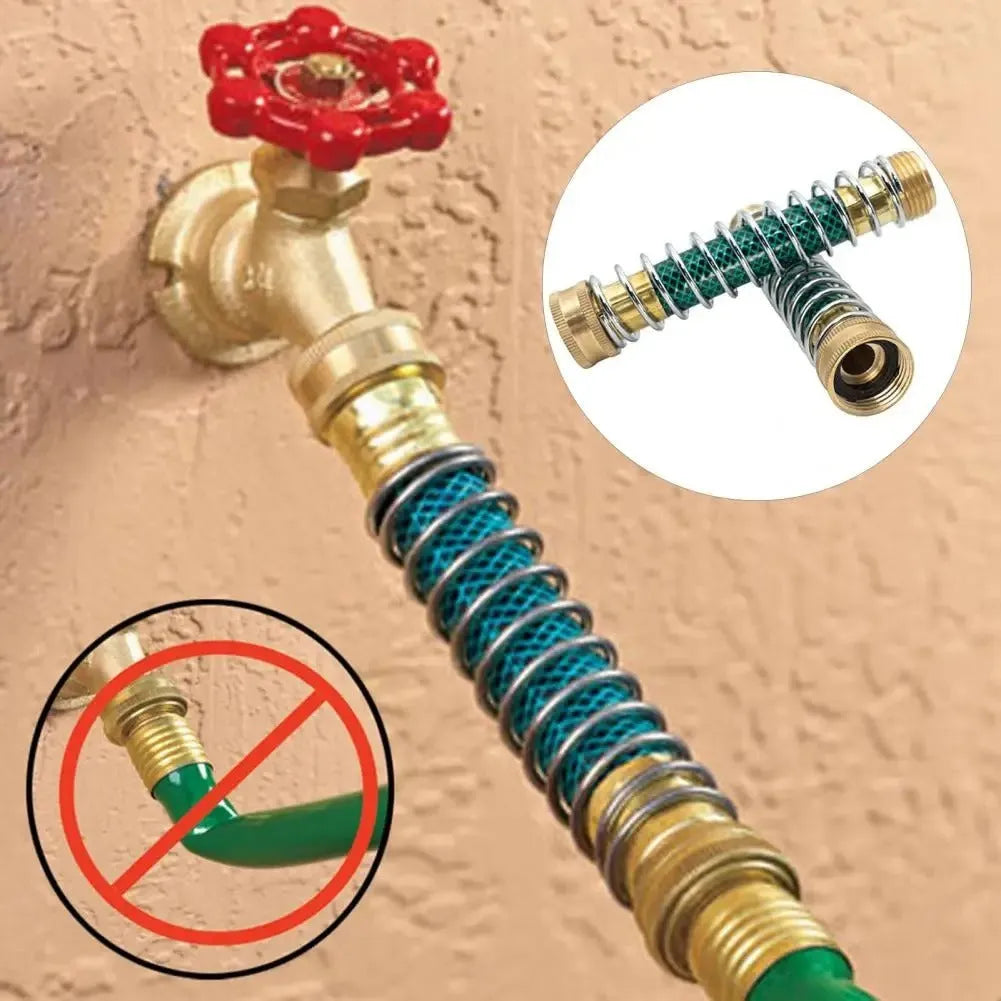 Garden hose spring connector with brass threaded joints and spiral spring mechanism