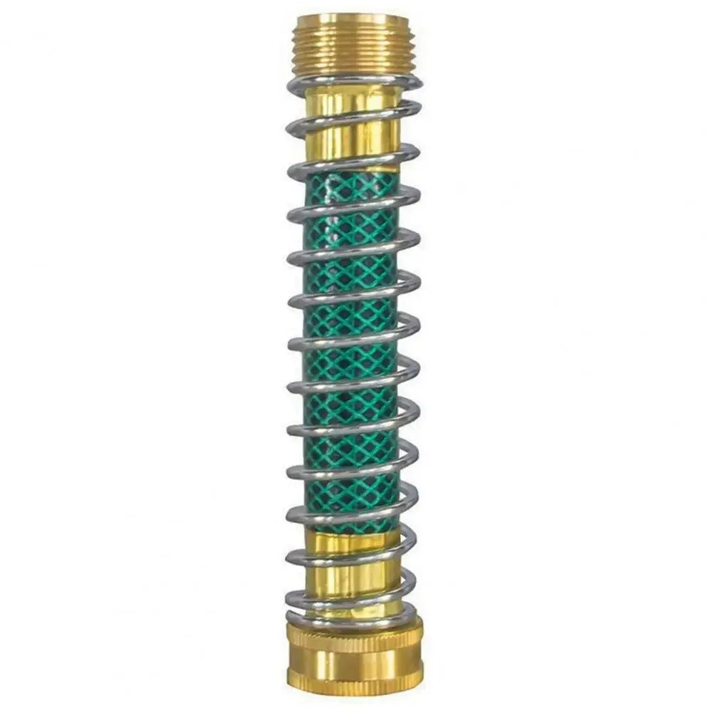 Garden hose spring connector with brass threaded joints and spiral spring mechanism