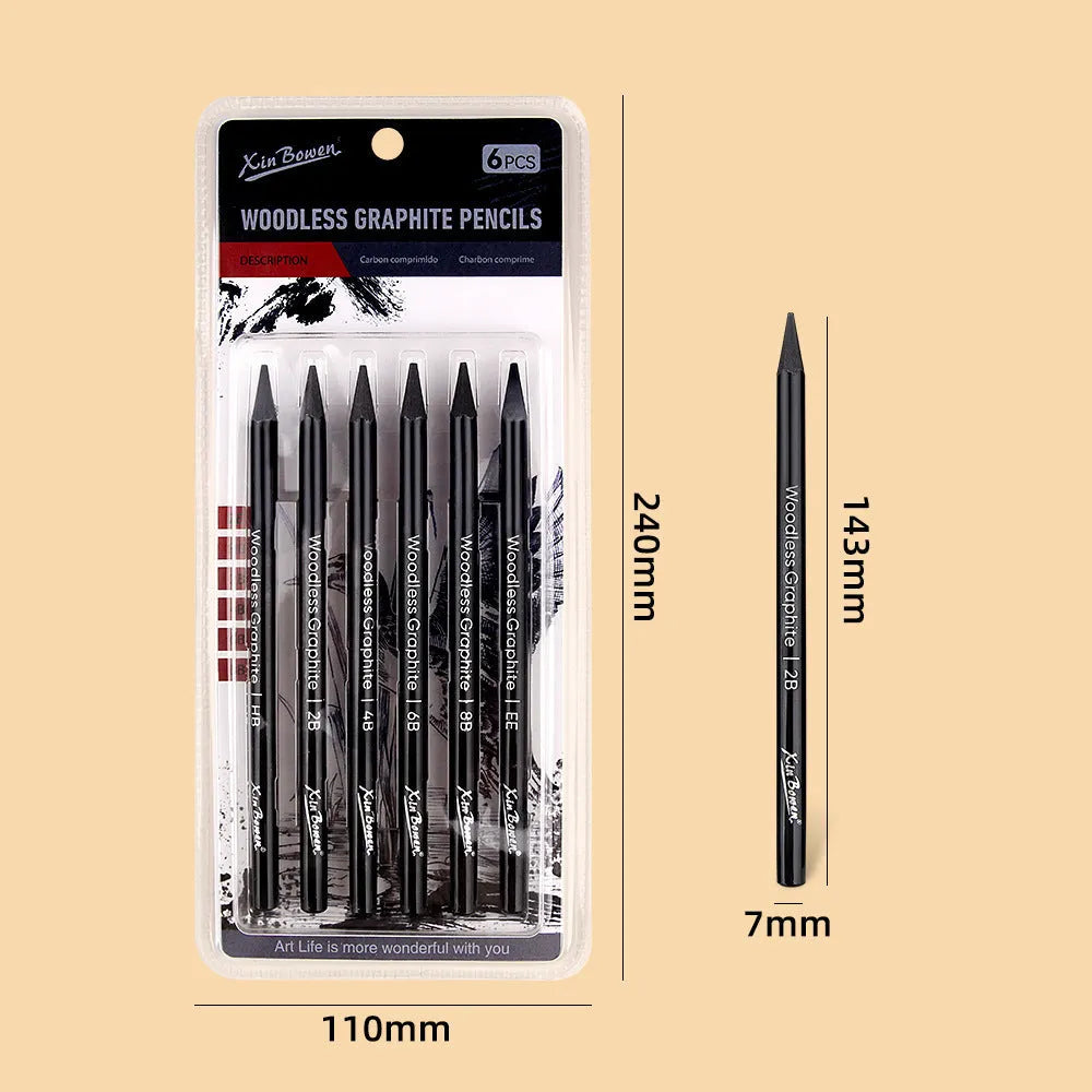 Set of six wood-free graphite full lead sketching pencils in grades HB, 2B, 4B, 6B, 8B, and EE.