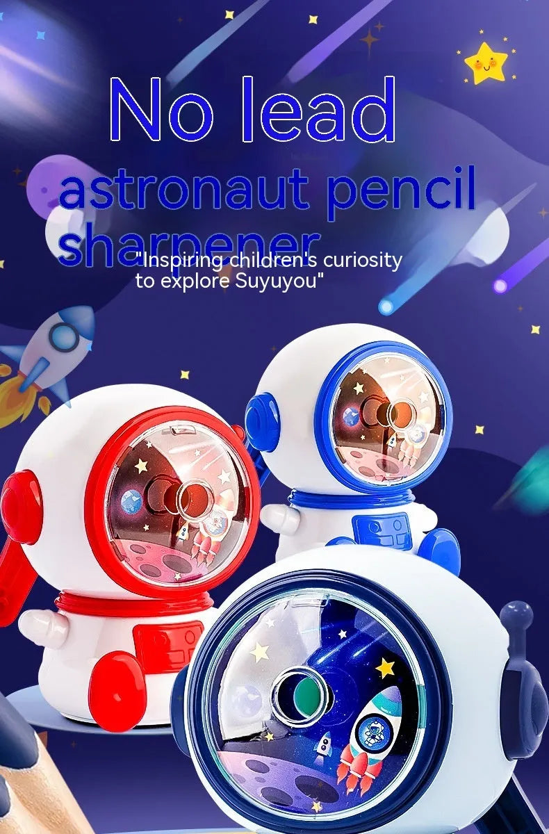 Cartoon astronaut manual pencil sharpener in blue or pink with adjustable blades