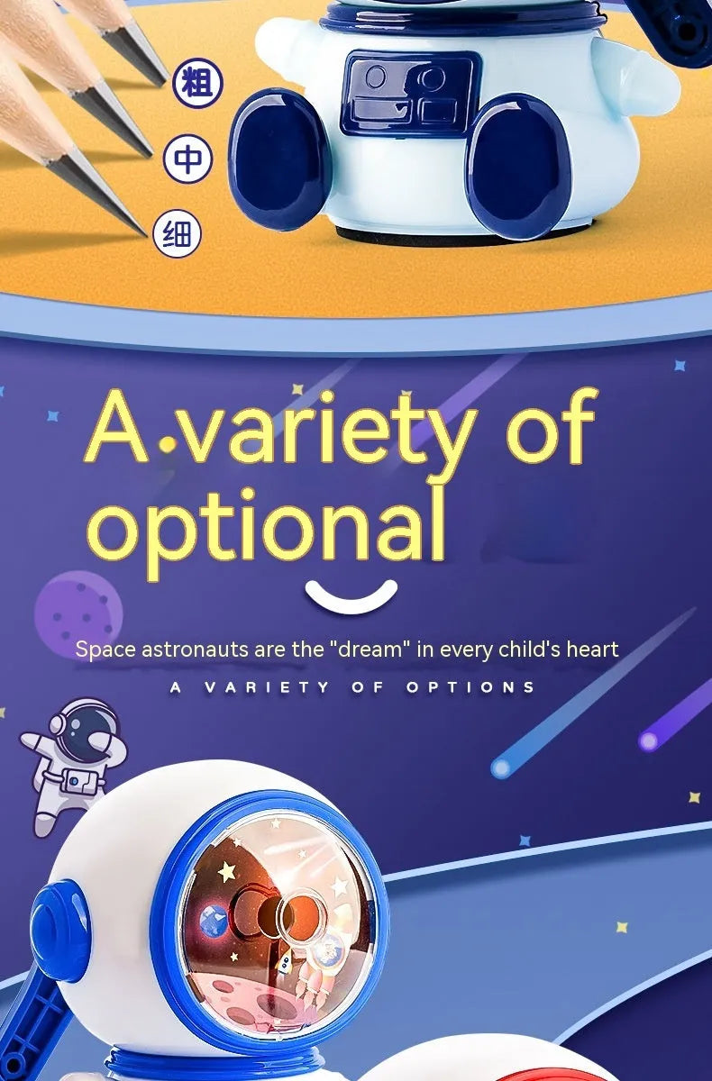 Cartoon astronaut manual pencil sharpener in blue or pink with adjustable blades