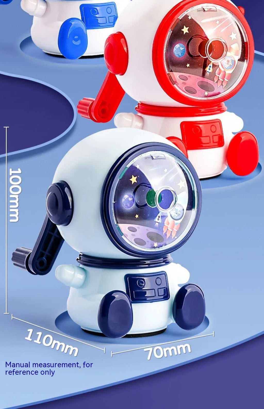 Cartoon astronaut manual pencil sharpener in blue or pink with adjustable blades