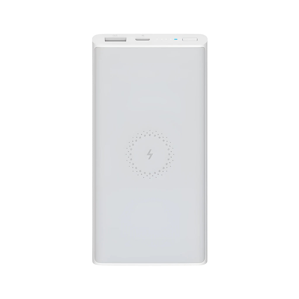Black and white 10000mAh capacity power bank with wireless charging and USB ports