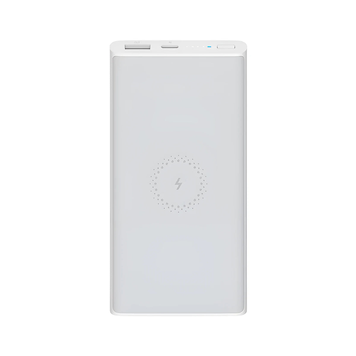 Black and white 10000mAh capacity power bank with wireless charging and USB ports