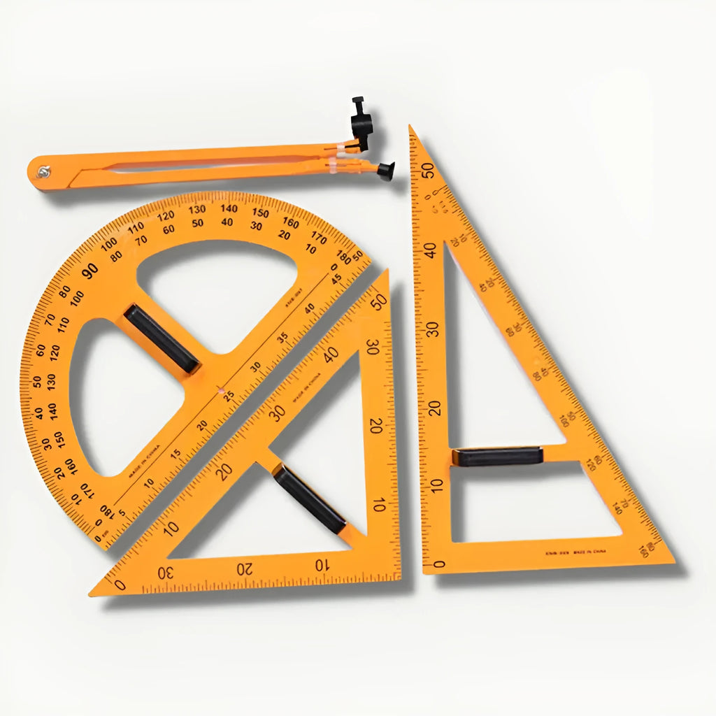 Orange and black mathematics teaching set with triangle rulers, protractor, and chalk compass