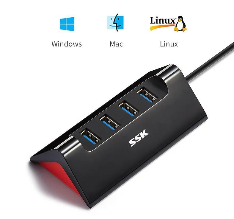 Black ABS plastic USB expansion hub with 4 ports and a Micro USB power port, shown with a connecting cable.