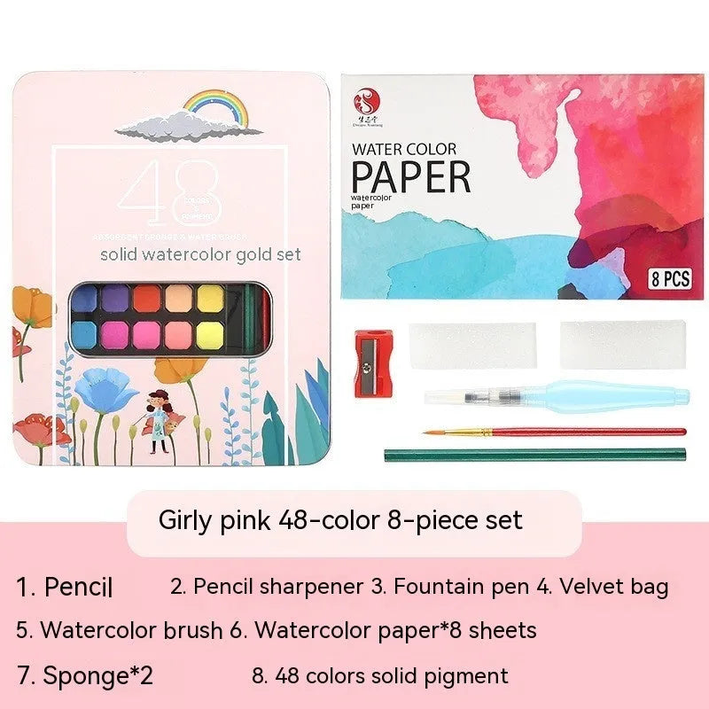 Solid watercolour paint set with 48 colours in a box for gouache painting and sketching