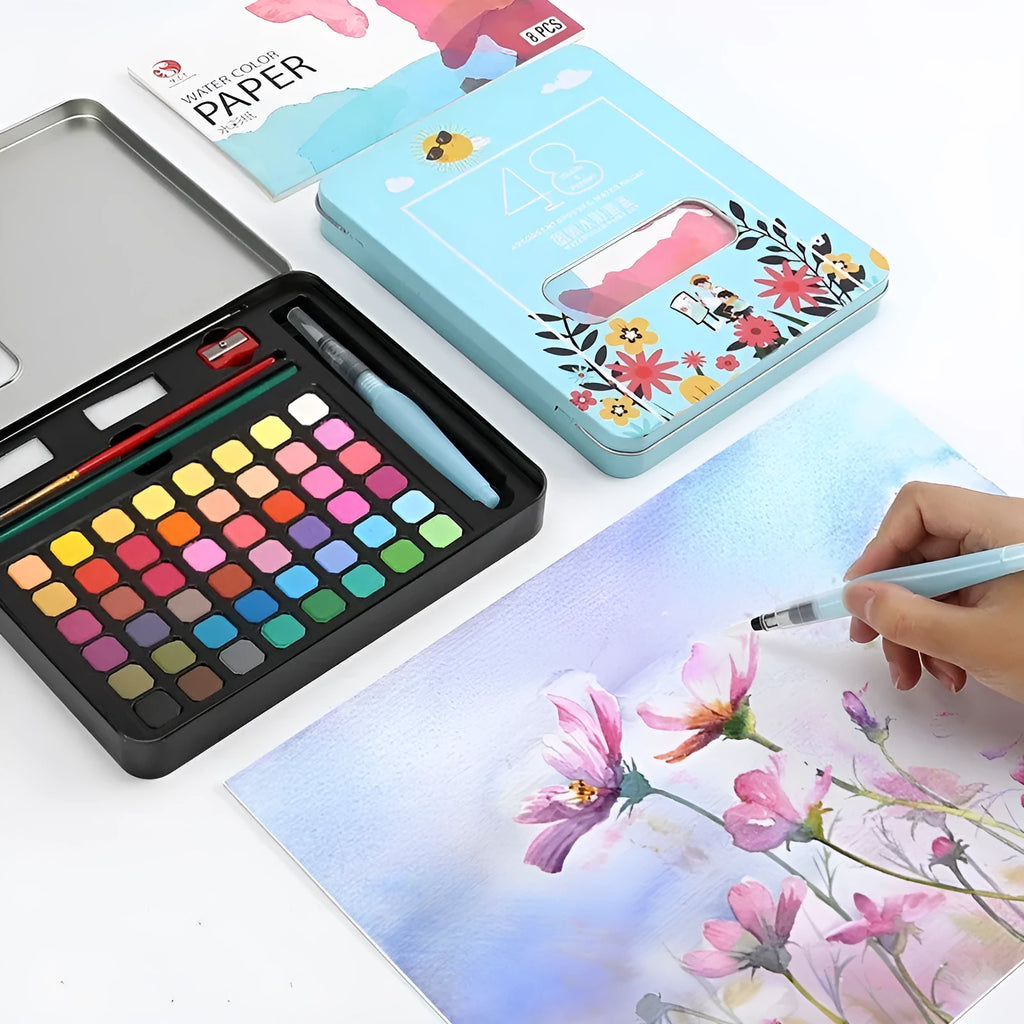 Solid watercolour paint set with 48 colours in a box for gouache painting and sketching