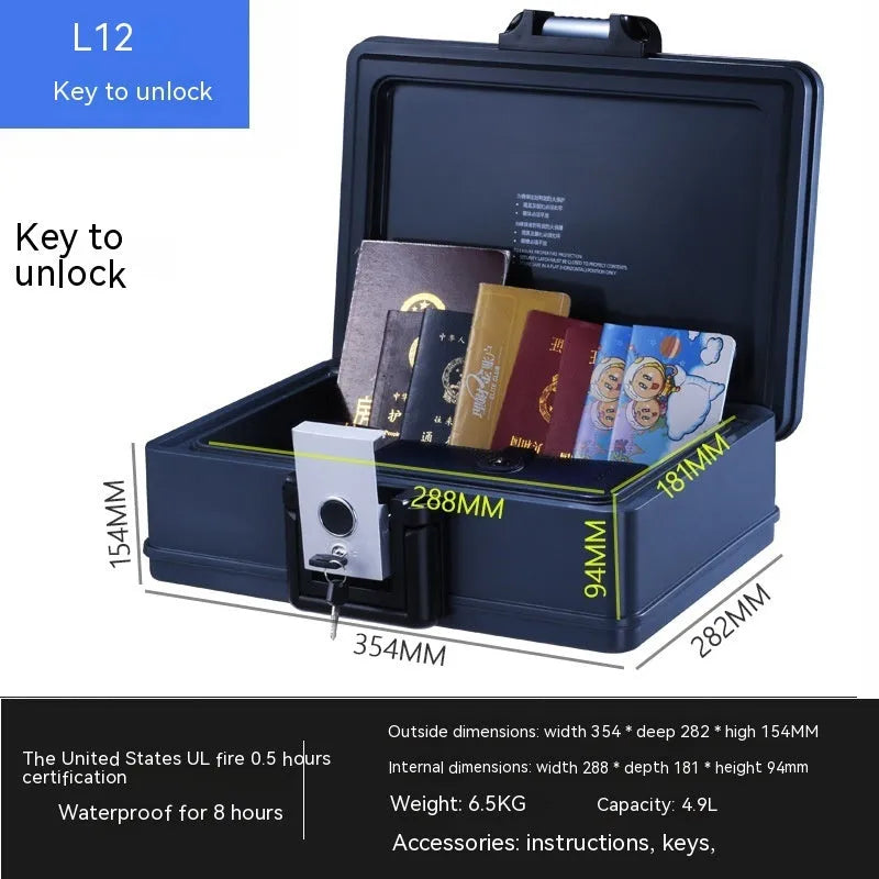 Portable small password safe with mechanical key lock in grey steel construction