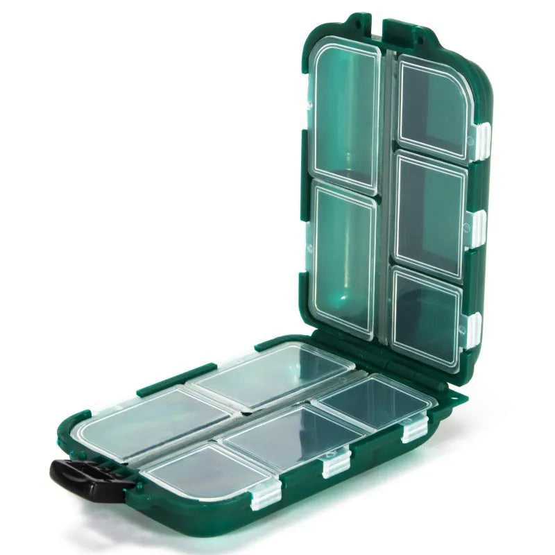 Plastic fishing tackle storage box with 10 grid compartments for organising small fishing accessories