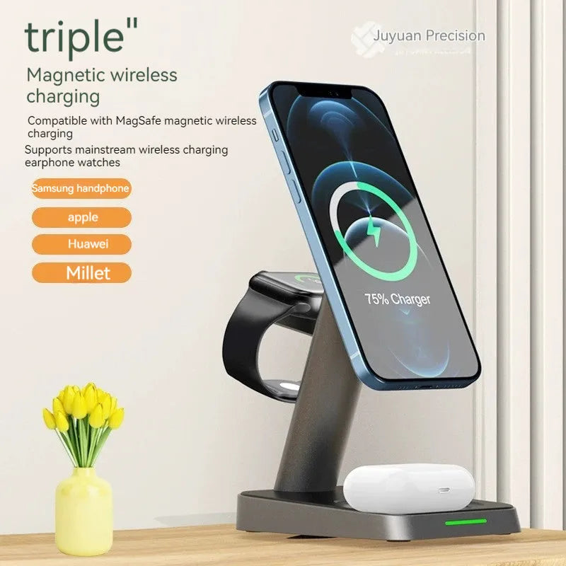 Black minimalist wireless vertical charging station with phone holder, Apple Watch charger, and 10000mAh power bank