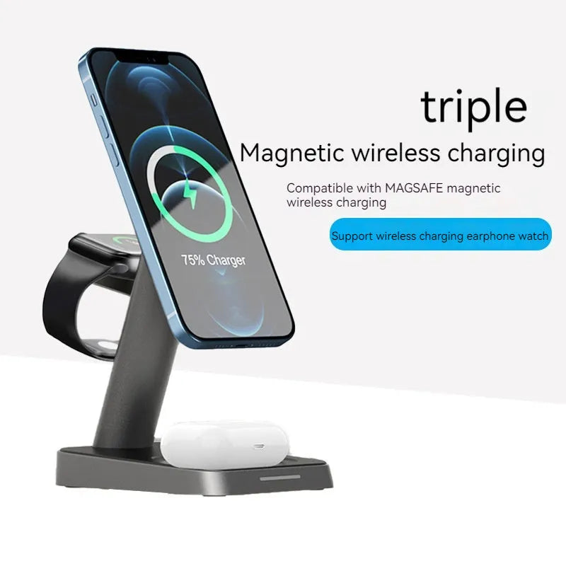Black minimalist wireless vertical charging station with phone holder, Apple Watch charger, and 10000mAh power bank