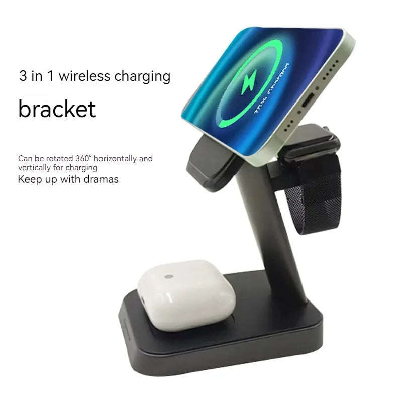 Black minimalist wireless vertical charging station with phone holder, Apple Watch charger, and 10000mAh power bank