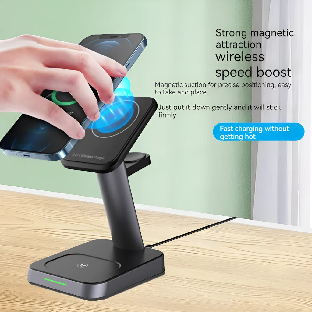 Black minimalist wireless vertical charging station with phone holder, Apple Watch charger, and 10000mAh power bank