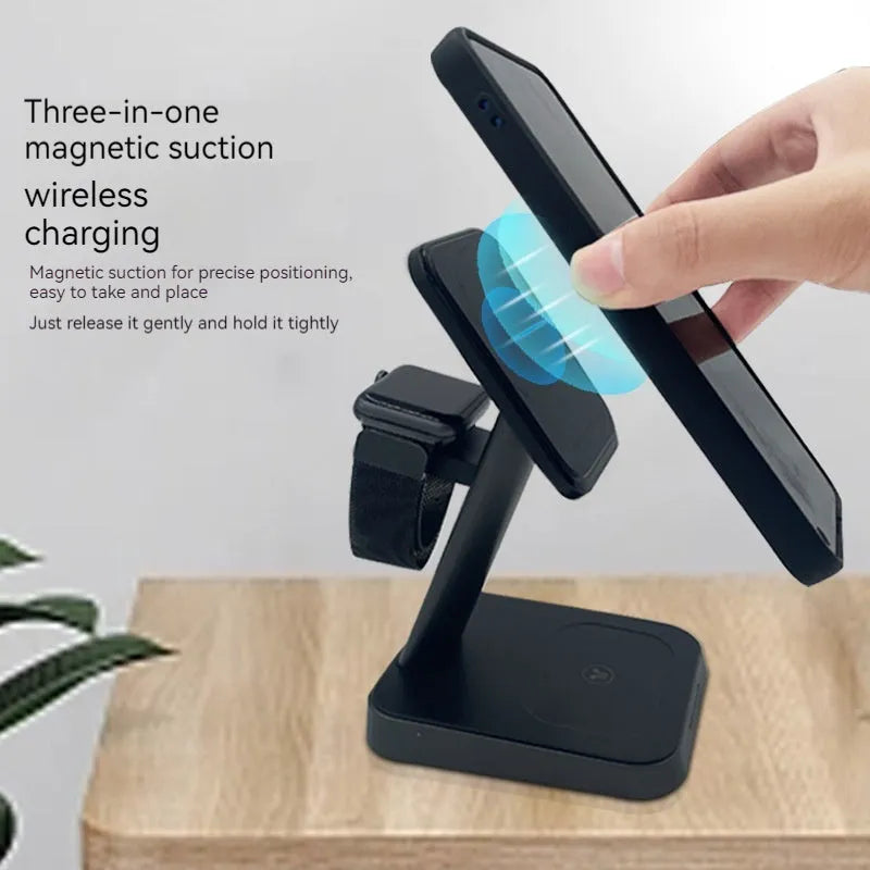 Black minimalist wireless vertical charging station with phone holder, Apple Watch charger, and 10000mAh power bank