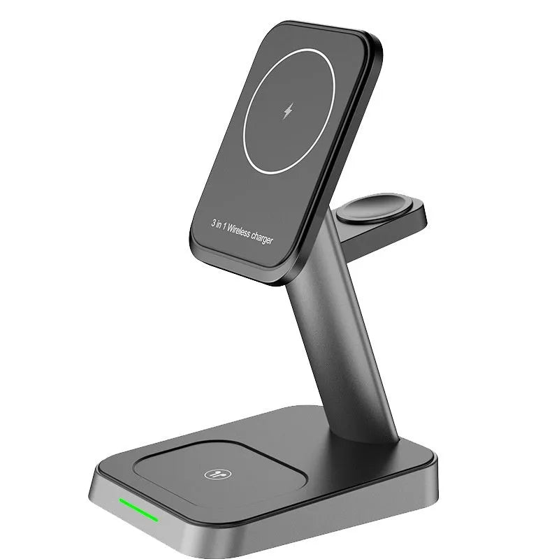 Black minimalist wireless vertical charging station with phone holder, Apple Watch charger, and 10000mAh power bank