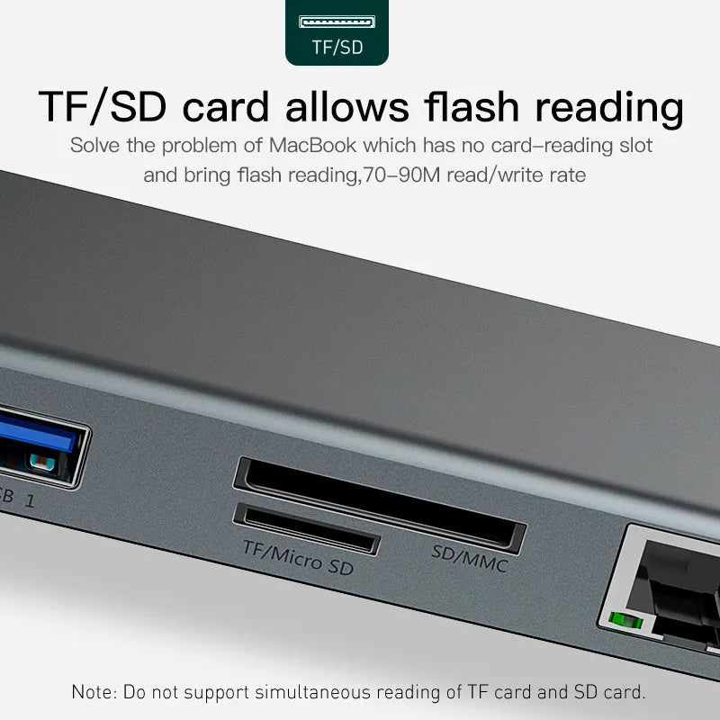 Grey aluminium alloy USB-C docking station with 10 ports and cooling bracket on desktop
