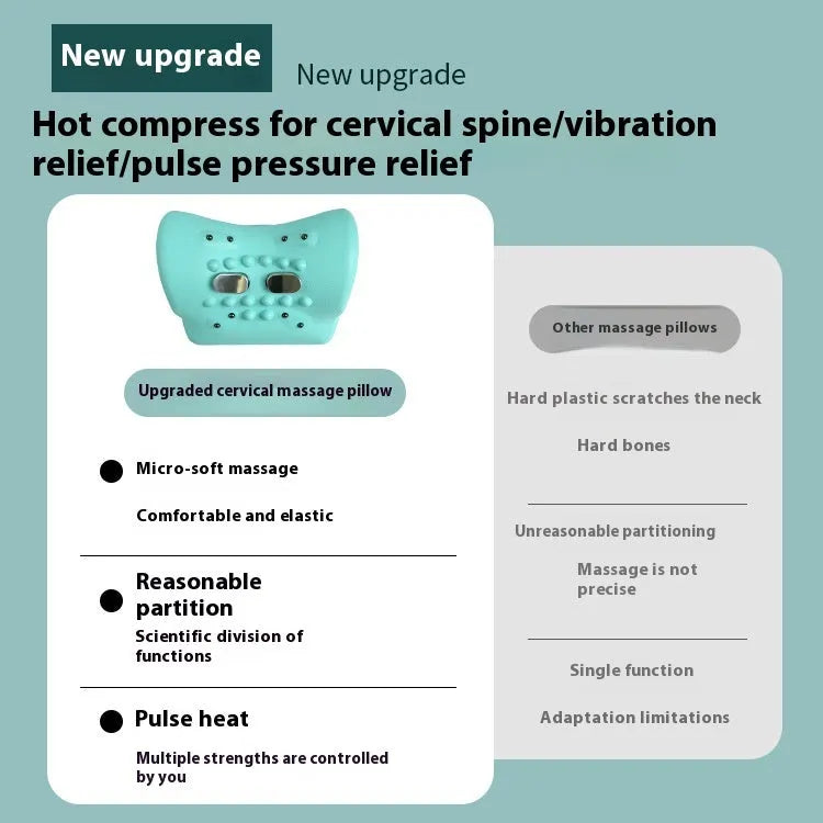 Blue-green portable massage pillow for neck and shoulder with EMS, heat, and vibration functions