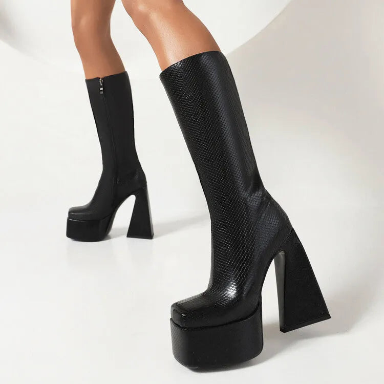 Women's black high boots with artificial PU leather upper showing side view